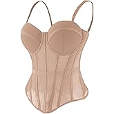 ELLACCI Women's Mesh Corset Bustier Top Elastic Waistband Lingerie Top with Removable Straps Khaki