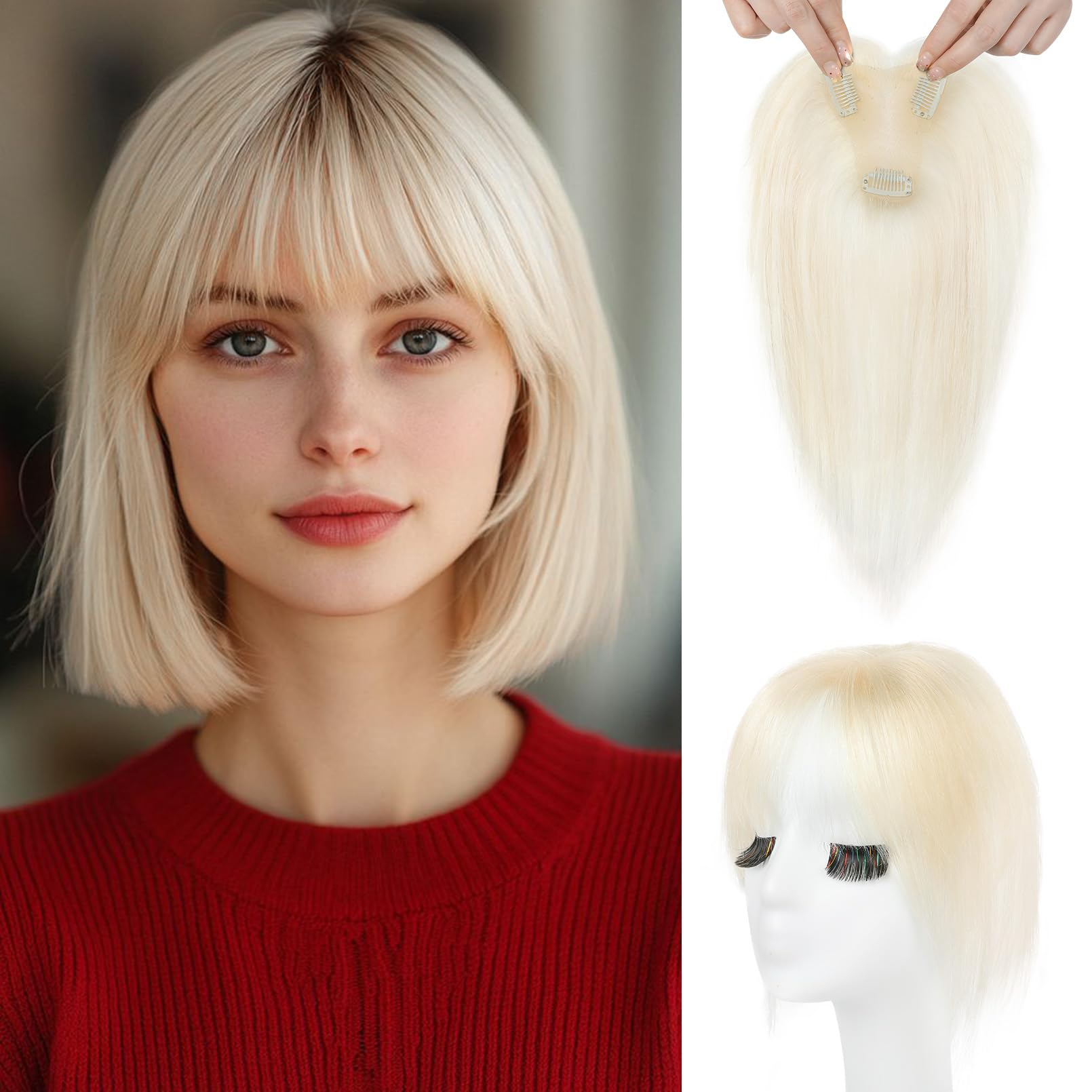 Photo 1 of REECHO Hair Toppers for Women Real Human Hair, Seamless Human Hair Toppers with Bangs, 360° 3D Cover Clip in Bangs Hair Extensions for Daily Wear, White Blonde