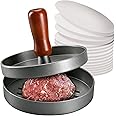 PIQUEBAR Burger Press Patty Maker Stainless Steel Hamburger Patty Press Mold Wood Handle Non-Stick with 100 Patty Papers