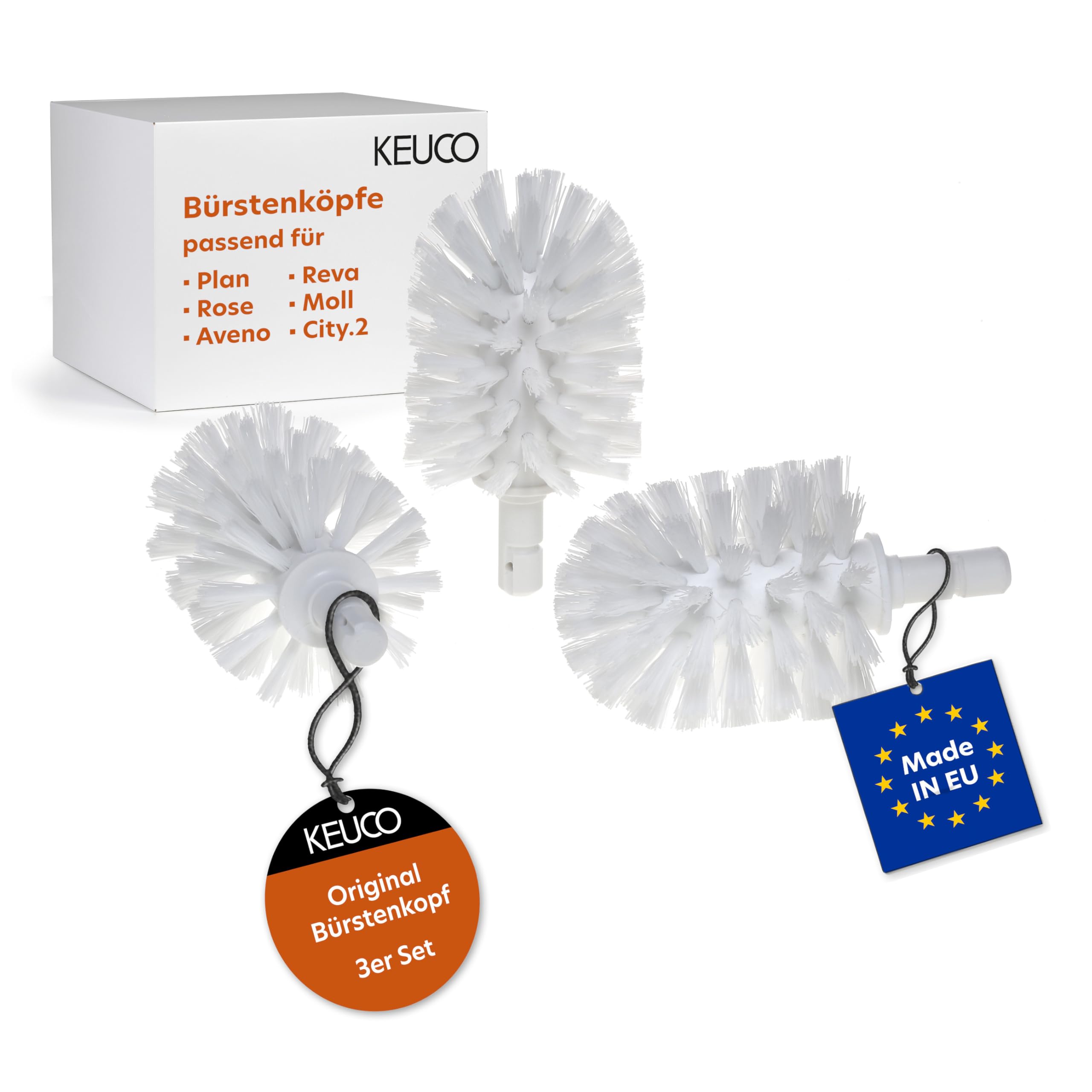 KEUCO Replacement Toilet Brush Head, Interchangeable, Set of 3, Loose, 12.7 x 6.9 cm, White, Original Manufacturer, Toilet Brush Replacement Brush Head