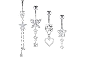 Incaton 14G Belly Button Rings Butterfly Heart Diamond, Stainless Steel Dangle Belly Rings For Women, 6mm Short Bar/ 10mm Hypoallergenic Navel Piercings