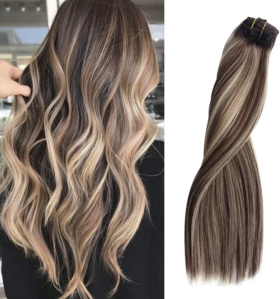 Balayage Clip in Hair Extensions Double Weft 8pcs100g #2 Dark Brown and #6 Light Brown Fading to #60 Platinum Blonde Soft Silky Straight Full Head 14inche for Women