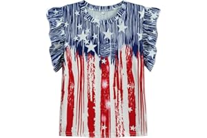DDSOL Toddler Girls July 4th Shirts American Flag Ruffle Short Sleeve Patriotic Red White Blue Star Outfits Blouse Tops