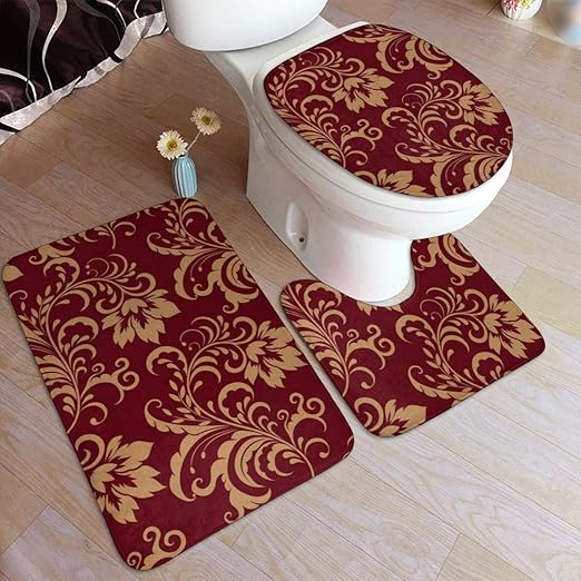 Amazon Com Mahenshangm Flower Maroon Gold Floral Classy Burgundy Antique 3 Pack Bath Mat Set Large Contour Bathroom Rugs Absorbent Non Slip Flannel Shower Mats Toilet U Shaped Contour Rug Lid Cover Carpet Home