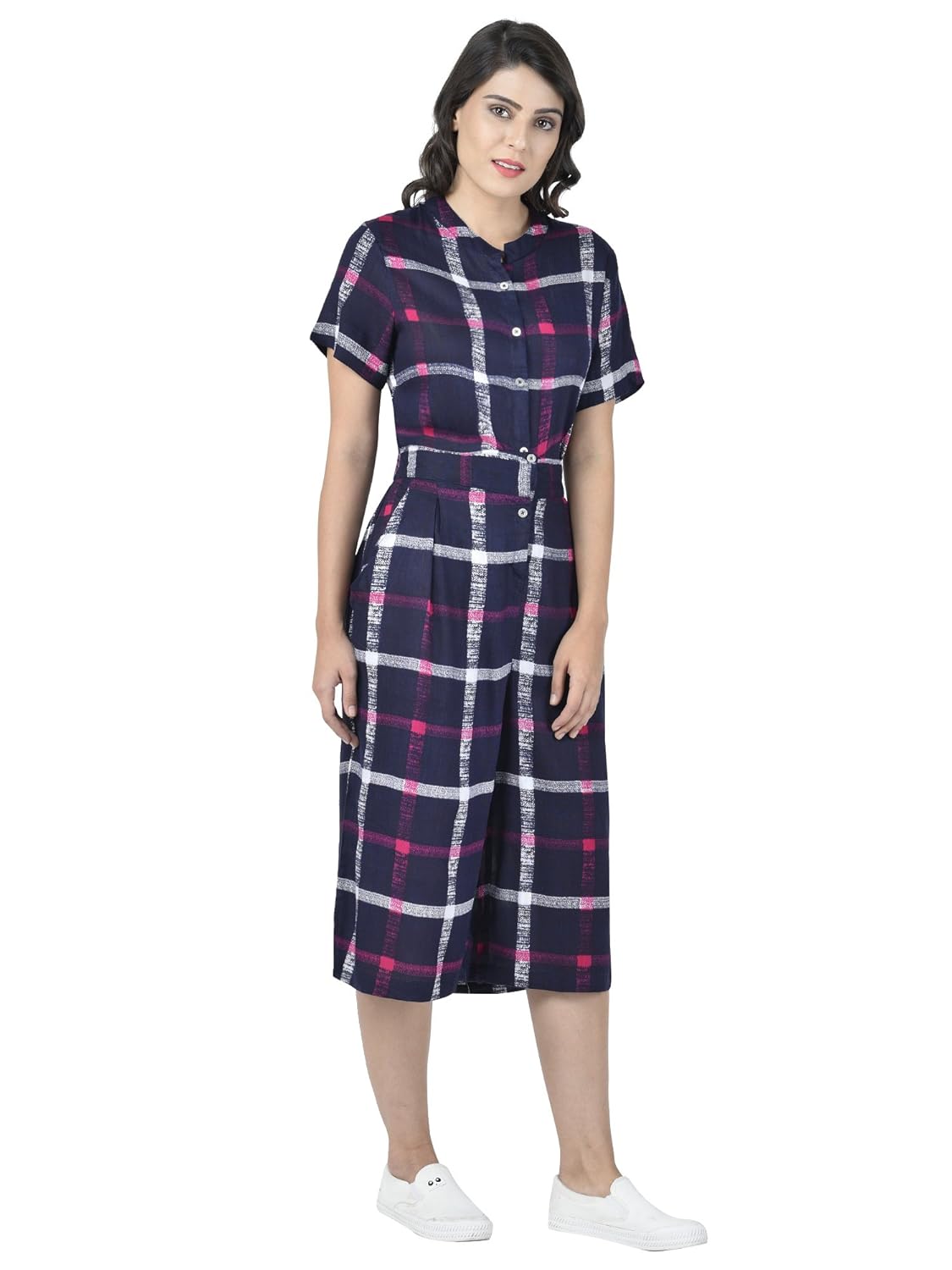martini women blue pink check calf length jumpsuit