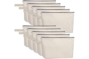 Sinzip 10 Pieces Cotton Canvas Makeup Bag with Bottom, Multi-Purpose Cosmetic Bag with Zipper Travel Toiletry Pouch, Blank DIY Craft Bag Pencil Bag (L, White) (MN-WB07)