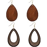 Wowanoo Wood Earrings Natural Wooden Teardrop Earrings Geometric Lightweight Drop Earrings for Women