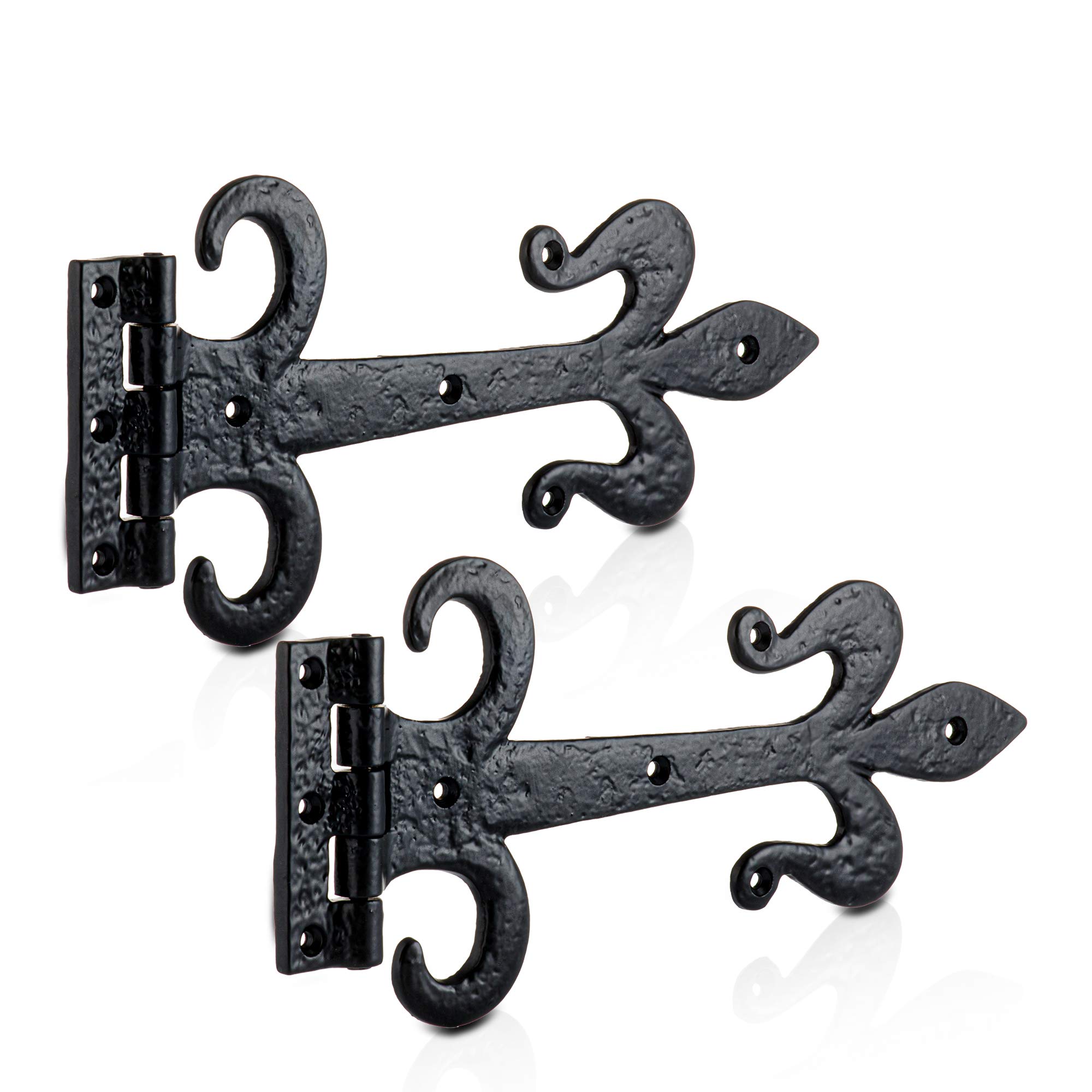 XFORT 310mm Black Antique Fleur De LYS Working Hinge - Cast Iron Gate, Decorative Vintage Shed Door, Ornamental Tee, Rustic T, External Black Door [1 Pair]
