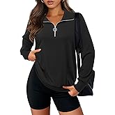 Bulotus Womens Half Zipper Sweatshirt Ribbed Knit Long Sleeve Tops Lapel Casual Lightweight Sweatshirts Loose Pullover
