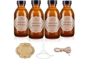 ELUMEIRO 4 oz Amber Glass Bottle with Cap, Empty Glass Bottles Cosmetic Pump Dispensers for Homemade Vanilla Extract, Essential Oils, Juice, Potion, Syrup, Liquids, Christmas, Holiday Gift (Brown 4 Pack)