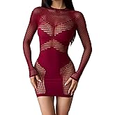 AVZXSA Womens Sexy Seamless Long Sleeve Mini Dress, Sheer Cutout Round Neck Short Bodycon Dresses