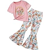WDIRARA Girl's 2 Piece Outfit Floral Print Graphic Short Sleeve Tee Figure Graphic and Bell Bottom Flare Leg Pants Set