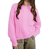 EGOCKAL Girls Cable Knit Sweaters Crewneck Lantern Long Sleeve Drop Shoulder Warm Jumpers for Kids Size 5-14Y