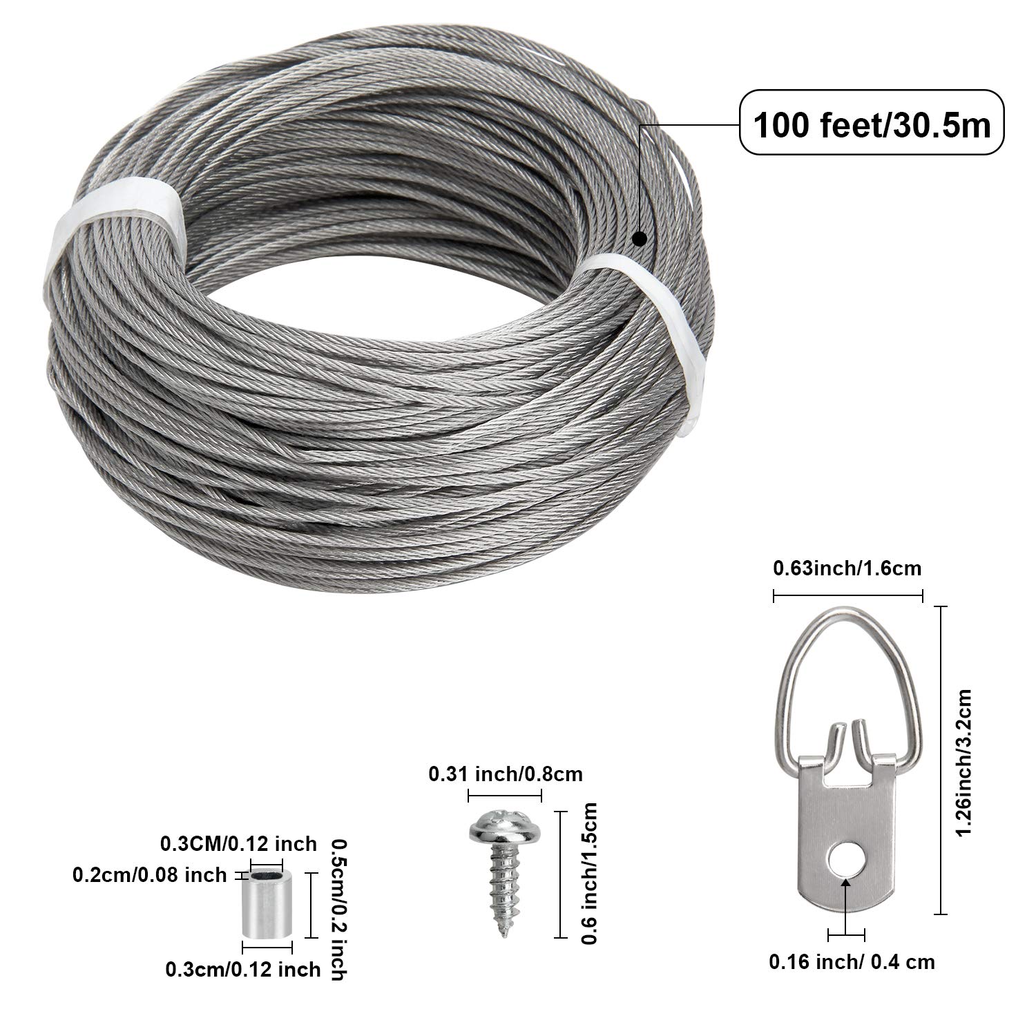 Blisstime Picture Hanging Kit - 100 Feet Braided Hanging Wire, 60 Pcs D Ring Picture Hangers with Screws and 60 Pcs Aluminum Crimping Loop Sleeve for Canvas Paintings, Photo Frames
