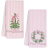 BNHJKFQZ Chinoiserie Christmas Kitchen Towels,Pink Stripes Bow Coquette Christmas Tree Dish Towels,Pink Christmas Hand Towels for Kitchen Bathroom,Grandmillennial Decor,16x24 Inches Set of 2
