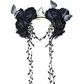 MOSTORY Black Flower Crown Headband - Gothic Floral Headpiece with Butterfly Dark Fairy Crown for Women Witch Aesthetic Renfaire Renaissance Party Cosplay