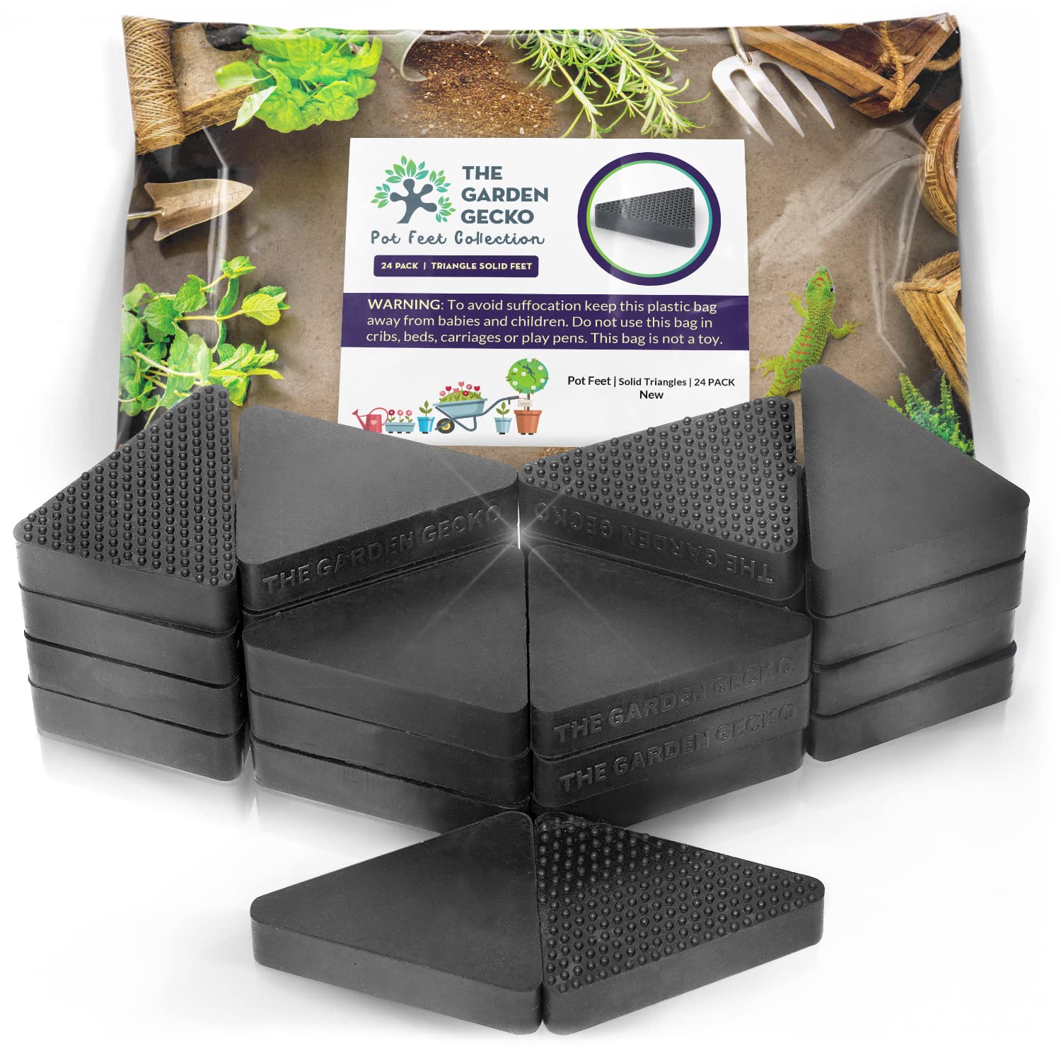 The Garden Gecko Invisible Pot feet for outdoor plant pots and flowers, solid rubber pot risers with a custom non-slip triangle surface grip | 24 PCS Solid Triangles