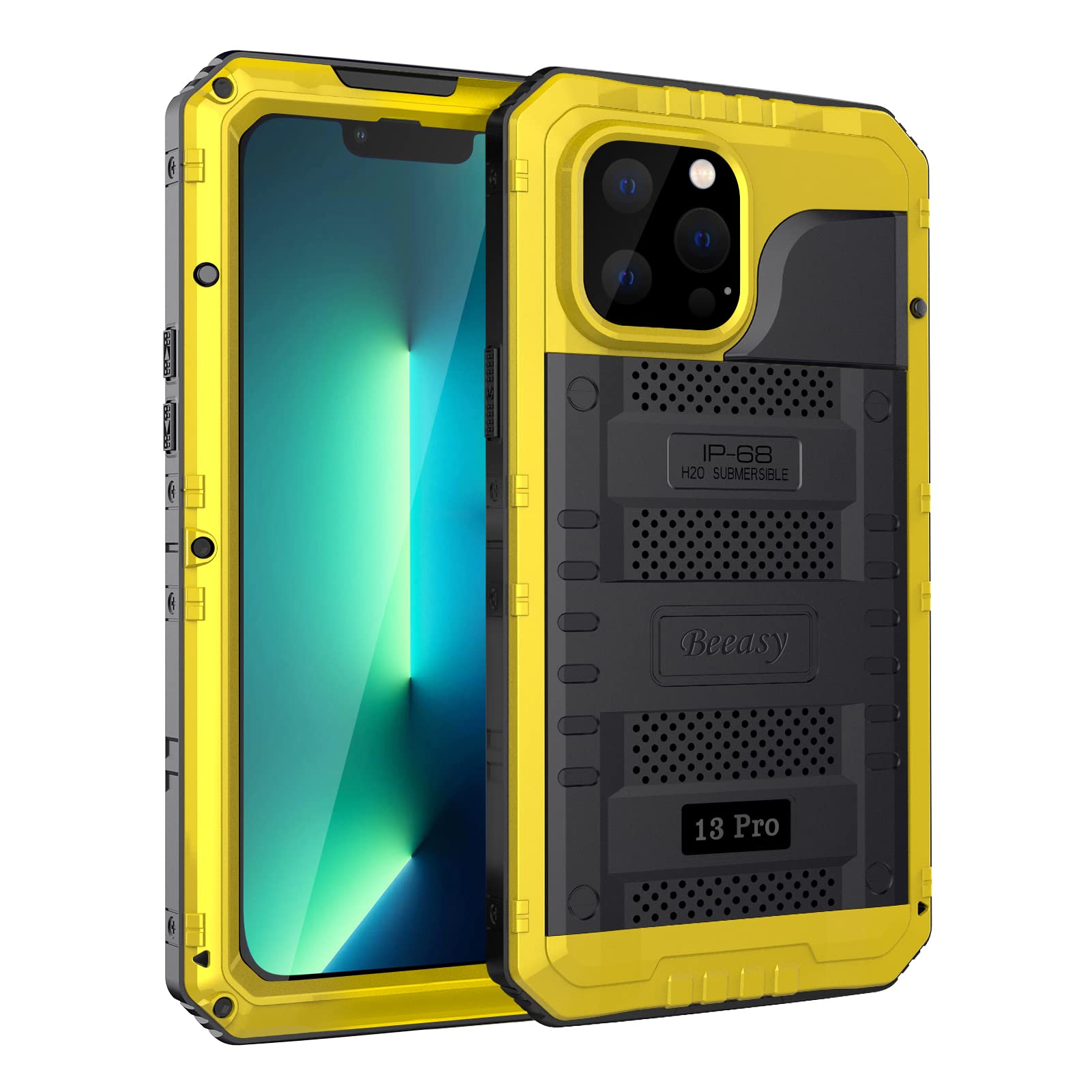 Beeasy for iPhone 13 Pro Case Waterproof Heavy Duty Shockproof Tough Metal Armour Cover Dustproof Built-in Screen Protector, 360 Full Body Military Protective Rugged Case for iPhone 13 Pro 6.1"Yellow