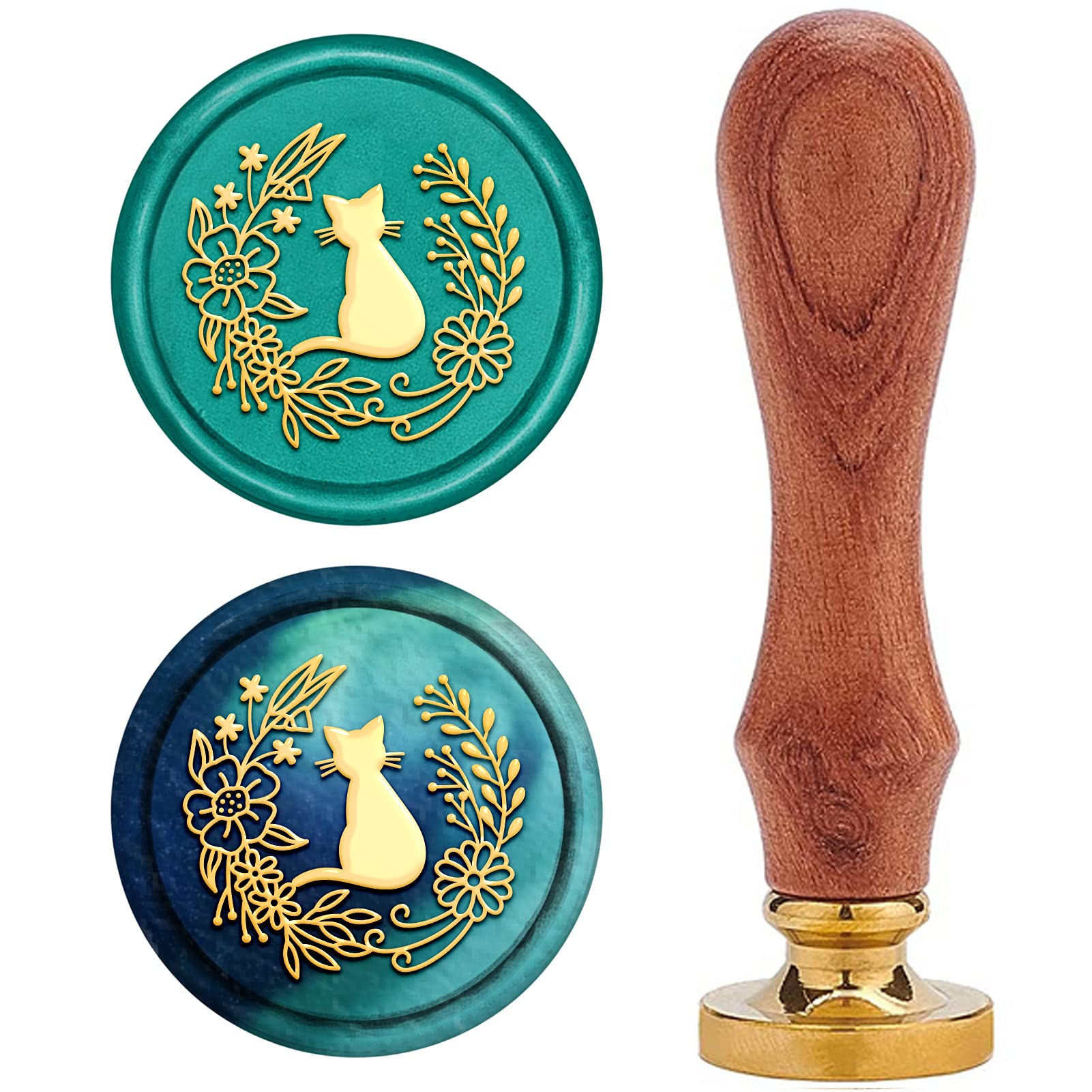 CRASPIRE Wax Seal Stamp Cat with Flower Brass Sealing Wax Stamp Floral Wax Seal 25mm Removable Brass Head Natural Wood Handle for Envelope Invitation Wedding Embellishment Bottle Decoration Gift