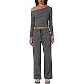 ABOCIW Women's 2 Piece Sets Fall Outfits Striped Off Shoulder Long Sleeve Top Wide Leg Pants Tracksuits Lounge Sets