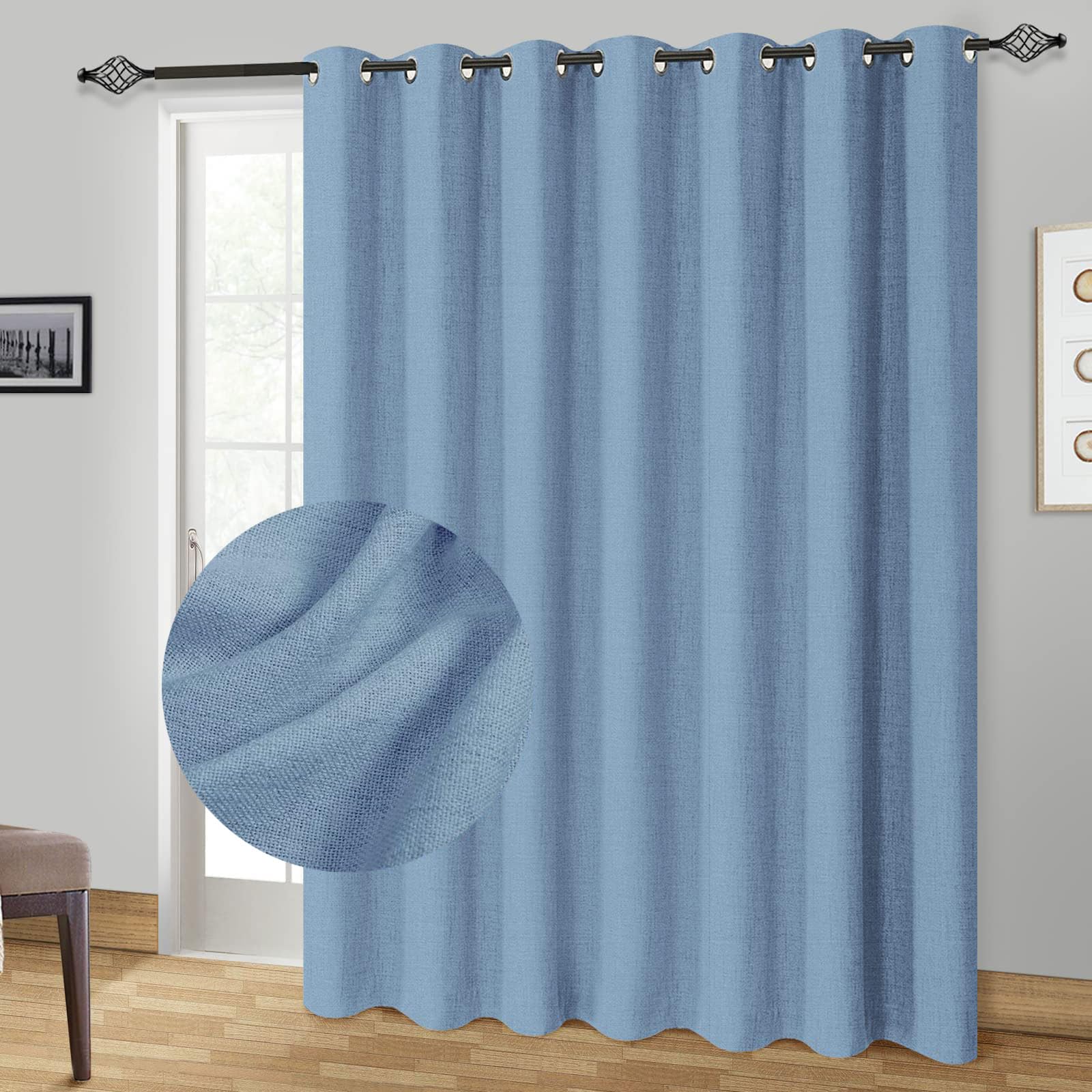 Photo 1 of 100% Blackout Shield Sliding Door Curtains, Extra Wide Curtains 84 Inch Long, Patio Door Grommet Drapes for Living Room, 100”W x 84”L, Blue