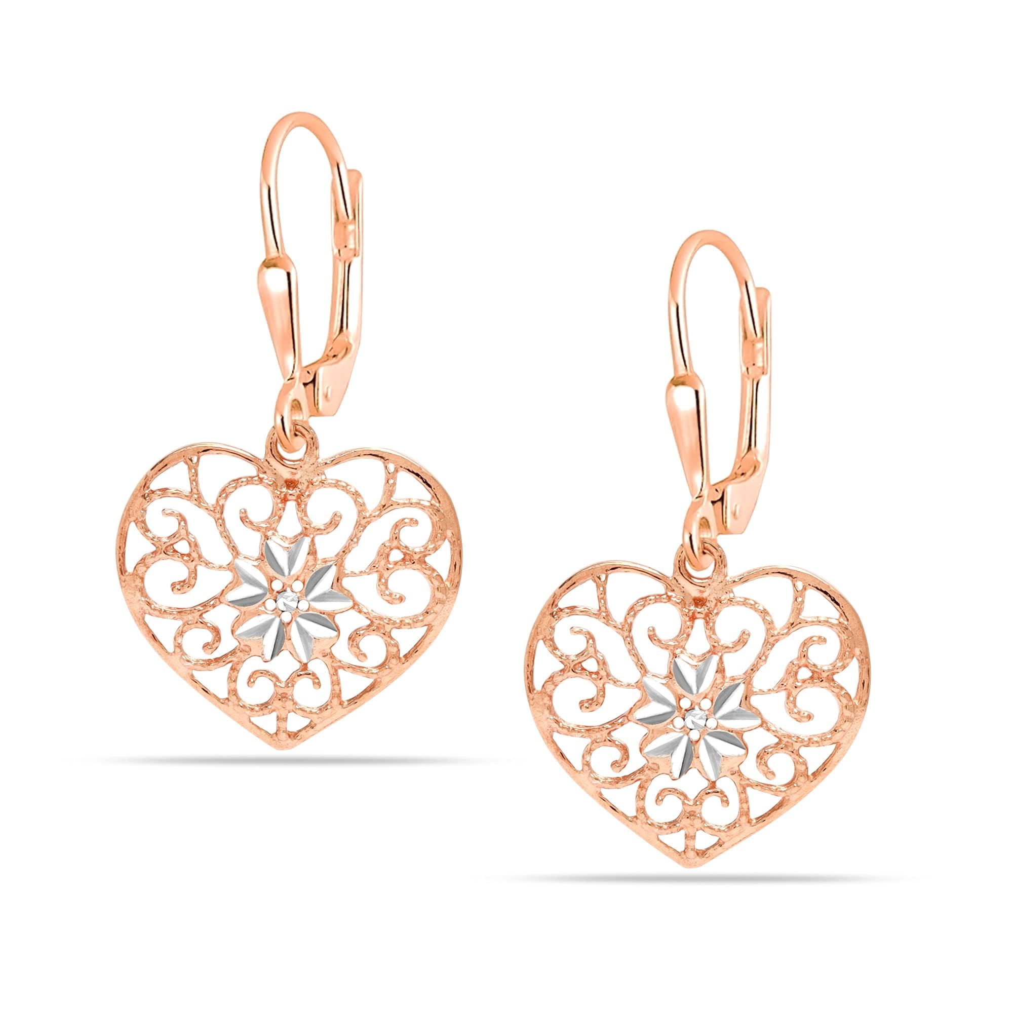 LeCalla 925 Sterling Silver Filigree Heart Earrings Lightweight Diamond-Cut Two-Tone Leverback Drop Dangle Earrings for Women - 30mm