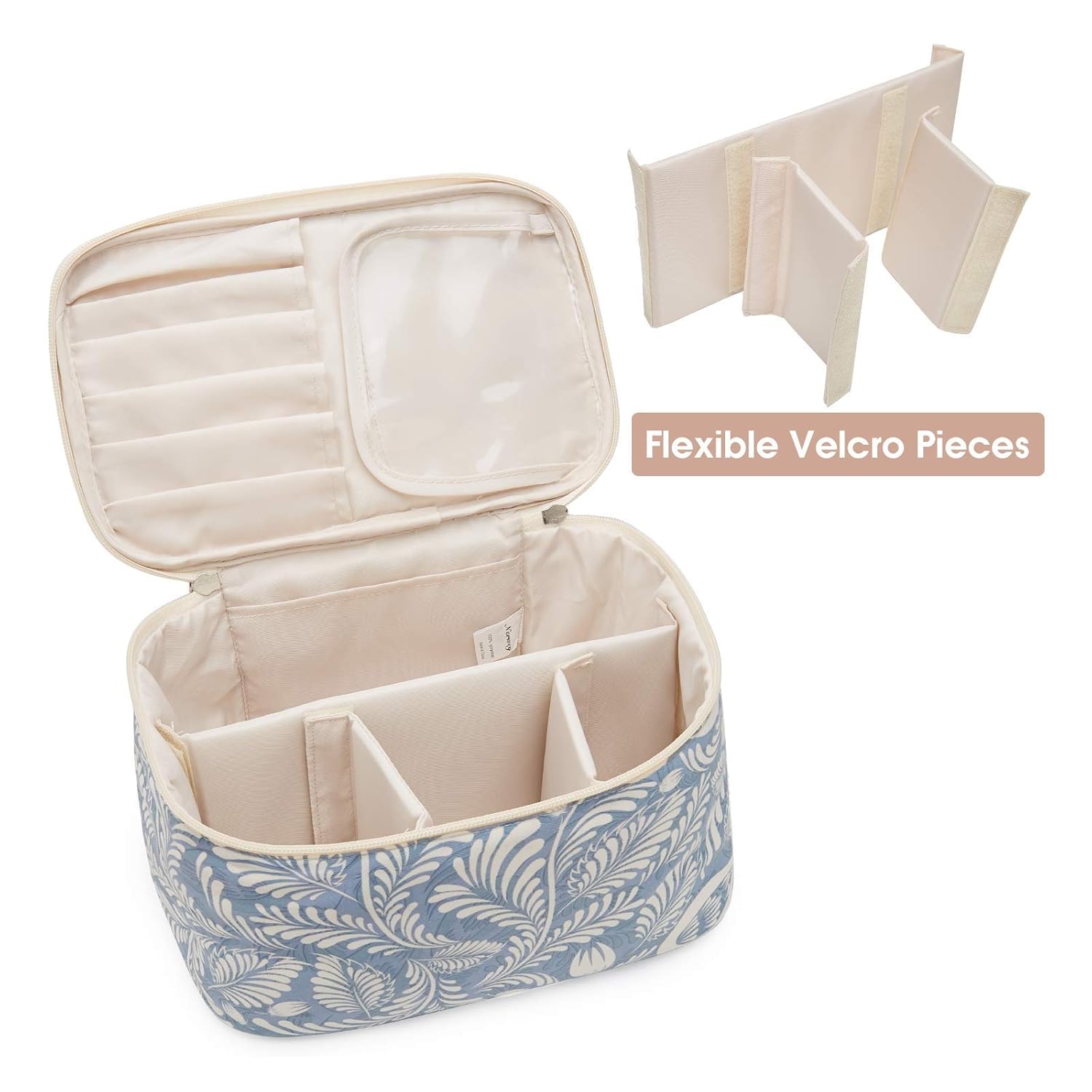 Travel Makeup Bag Large Cosmetic Bag Make up Case Organizer for Women and Girls (Large, Blue Leaf) : Beauty