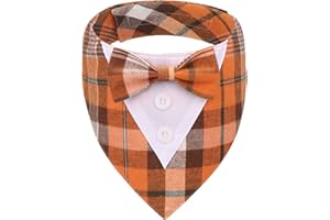 ADOGGYGO Fall Dog Tuxedo Bandana, Orange Plaid Pet Tux Collar with Bowtie, Adjustable Halloween Thanksgiving Formal Costume for Medium Dogs Pets (M)