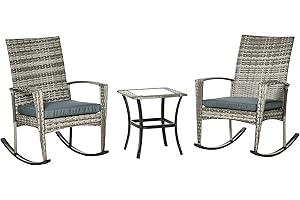Outsunny 3 Pieces Patio Wicker Rocking Chair Set, Outdoor PE Rattan Bistro Set Conversation Rocker Set with 2 Chairs 1 Coffee