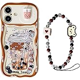 Eiyikof Compatible with iPhone 16 Plus Case with Cute Milk Tea and Charm Chain,Bling Liquid Quicksand and Sliding Camera Cover Shockproof Case for iPhone 16 Plus for Women Girls-Coffee