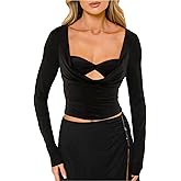 CSDAJIO Women's Sexy Draped Cowl Neck Long Sleeve Cut Out T Shirt Low Cut Fitted Top Ruched Going Out Shirts