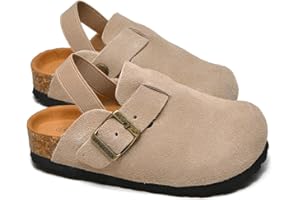 AFWIE Kids Genuine Leather Toddler Clogs，Clogs for Boys Girls Cork Footbed Arch Support Slip Resistant Mules Adjustable Buckle,Non-Slip Slippers,Sandals for Boys Girls
