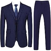 Mens 3 Piece Pinstripe Suit Slim Fit Casual Dress Suits Blazer + Vest + Pants