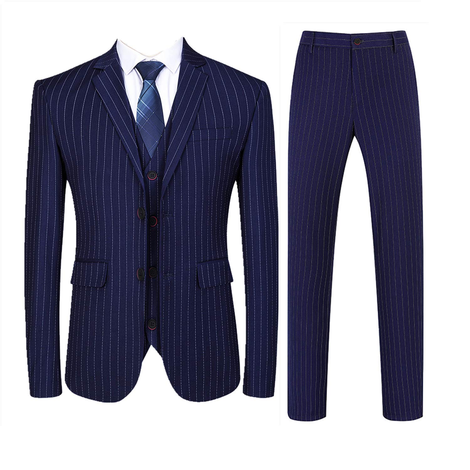 Photo 1 of Mens 3 Piece Pinstripe Suit Slim Fit Casual Dress Suits Blazer + Vest + Pants US Size Jacket 44 and Pants 40 Navy