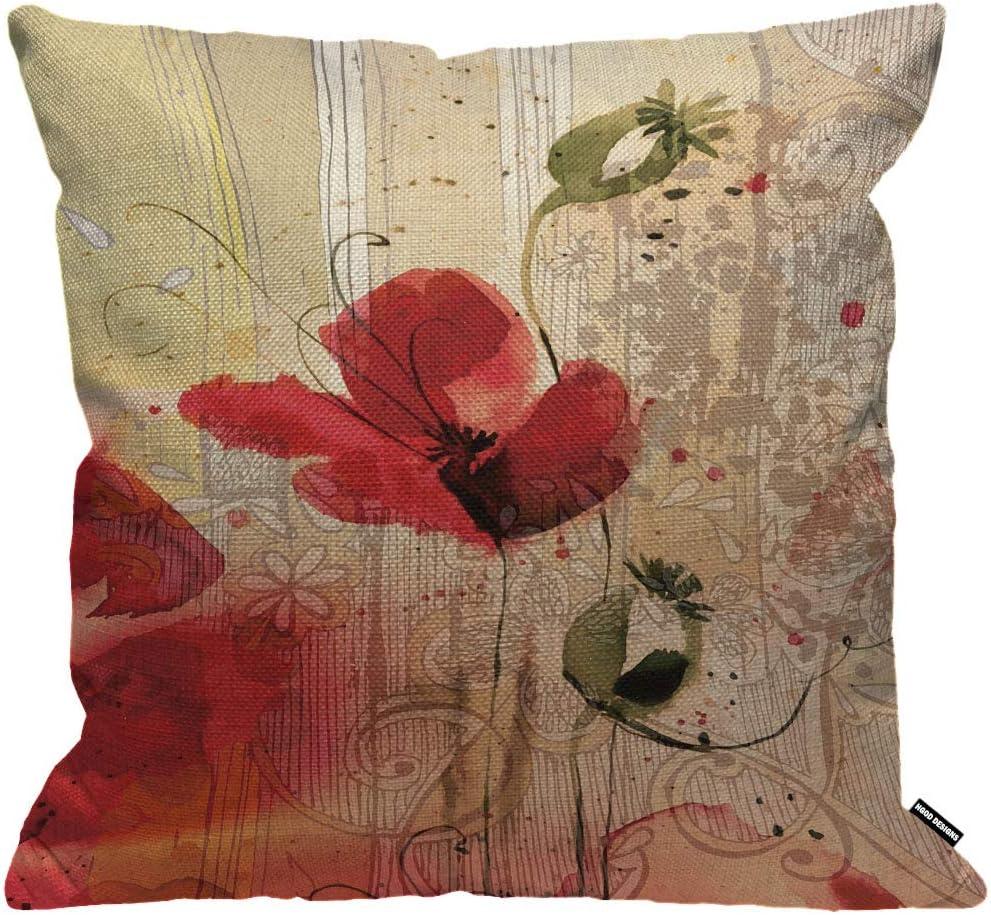 HGOD DESIGNS Cushion Cover Flower Red Poppy Flower Beige Floral Throw