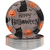 Grencian 50Pcs Halloween Black Cat Plates 9” Disposable Heavy Duty Orange Pumpkin Paper Plates For Halloween Yard Black Cat Party Decorations Supplies