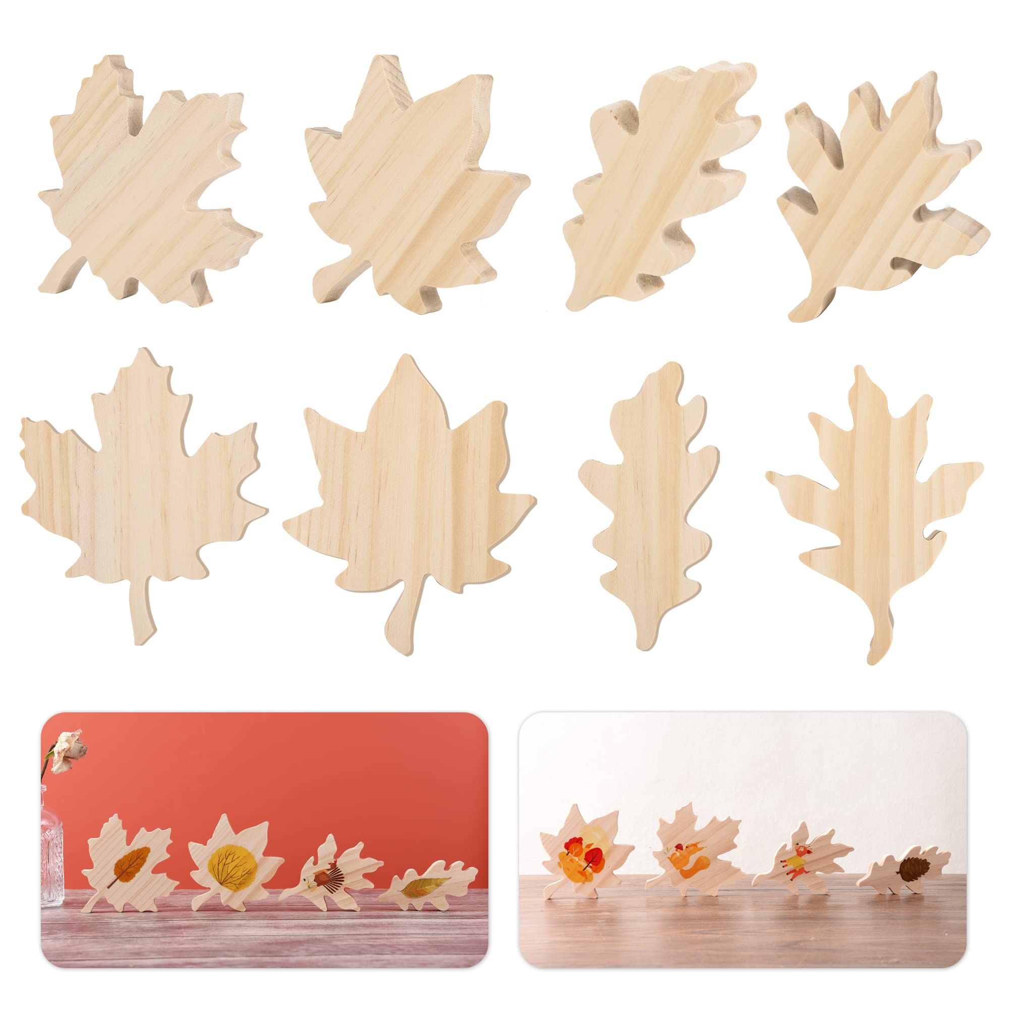 Photo 1 of 12 Pcs Fall Wood Maple Leaf Cutouts Unfinished Leaves Table Wooden Sign Autumn Thanksgiving Farmhouse Tiered Tray Decor 3D Harvest Wooden Block for DIY Craft Home Desk Office Party Decoration