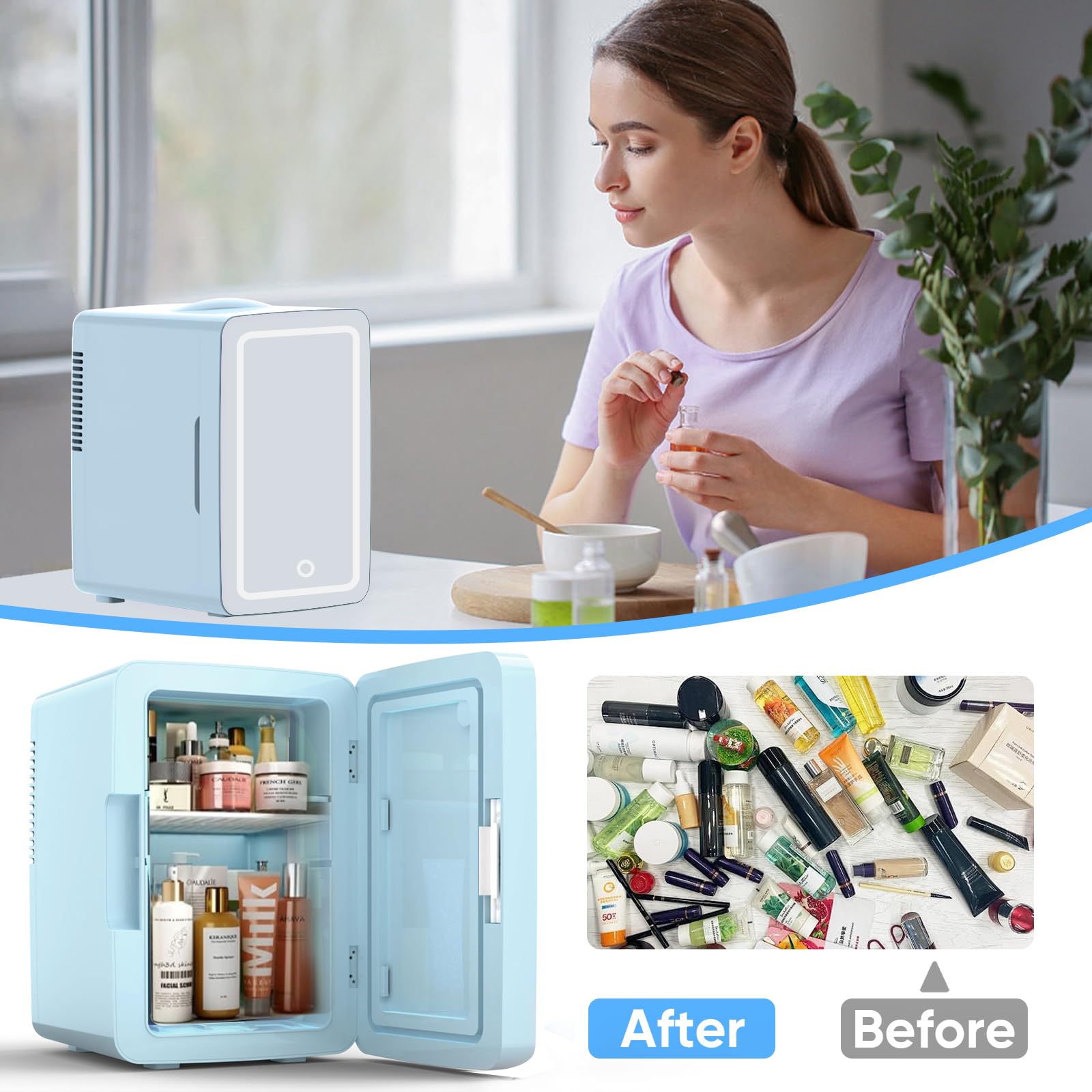 PERSONAL CHILLER 6L Skincare Fridge with LED Makeup Mirror, Mini Fridge Cooler and Warmer, Portable Fridge for Makeup, Skincare, Snacks, Bedroom Vanity, Blue - Image 2