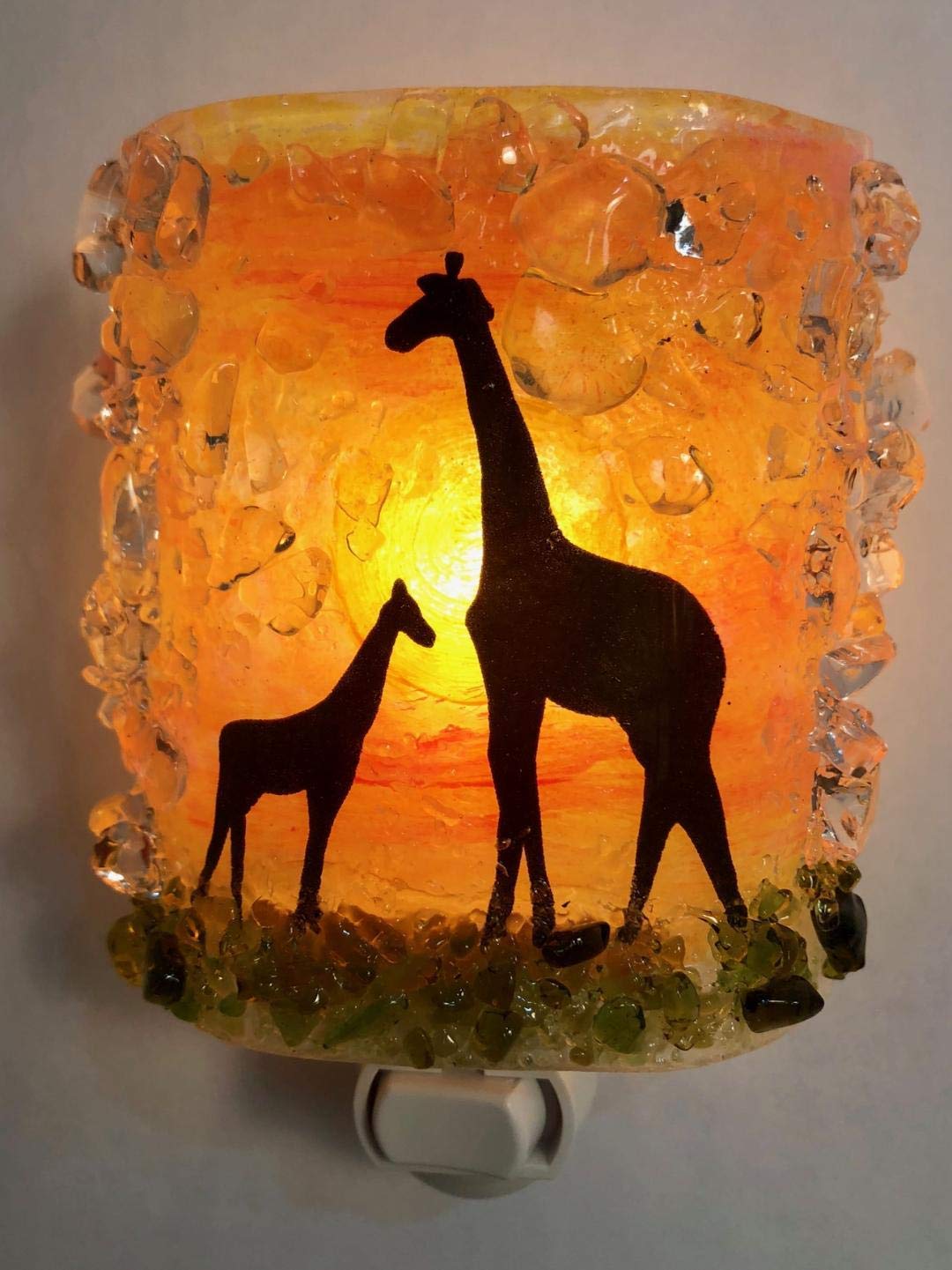 Giraffes Mom Baby Serengeti Sunset Safari Fused Recycled Glass Art Night Light Nightlight Nitelite