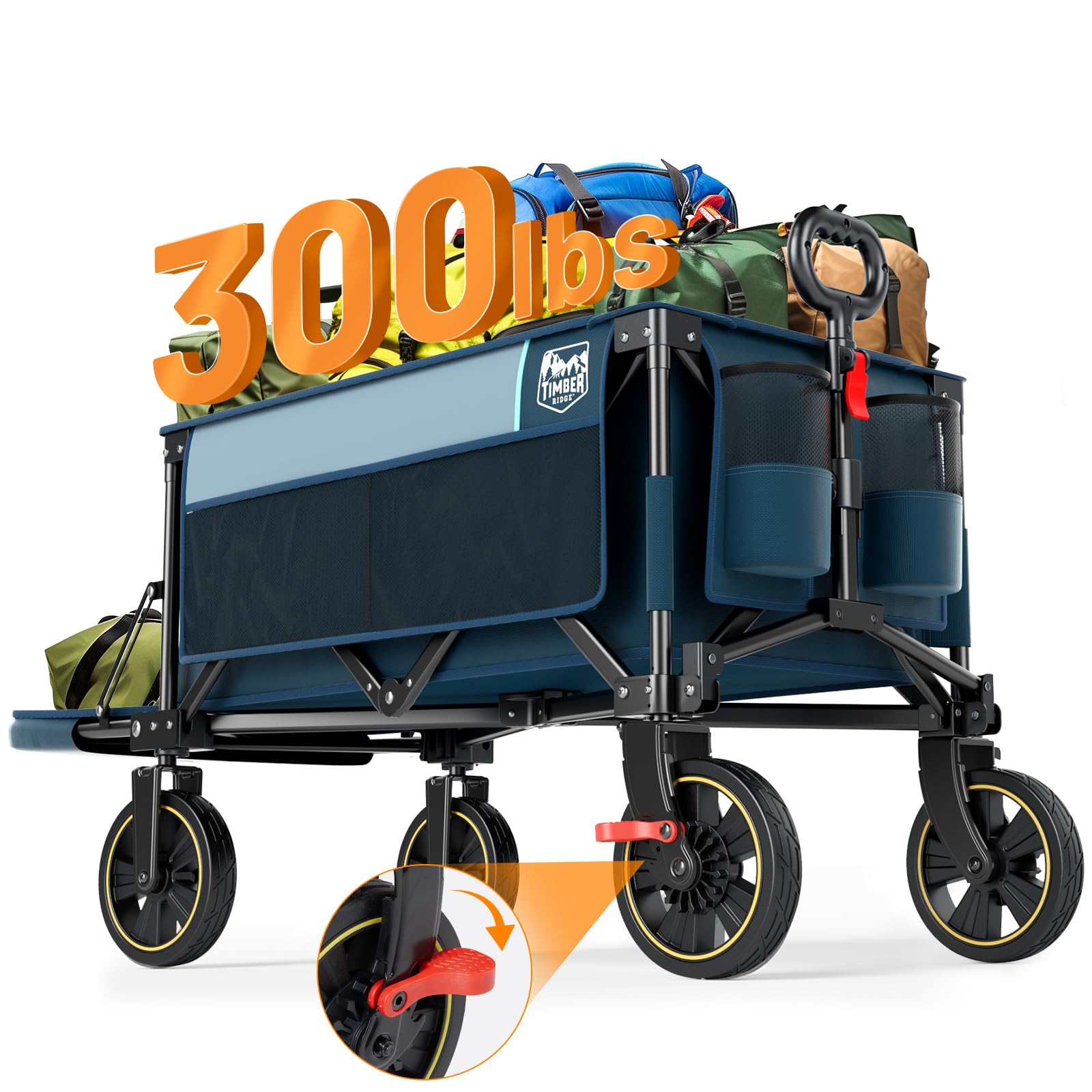 Timber Ridge 49" Extra Long Collapsible Folding Wagon with Tailgate and Brakes, 300lbs Heavy Duty Foldable Wagon with Adjustable Handle, 250L Capacity Portable Cart for Outdoor Camping Sports, Blue Image