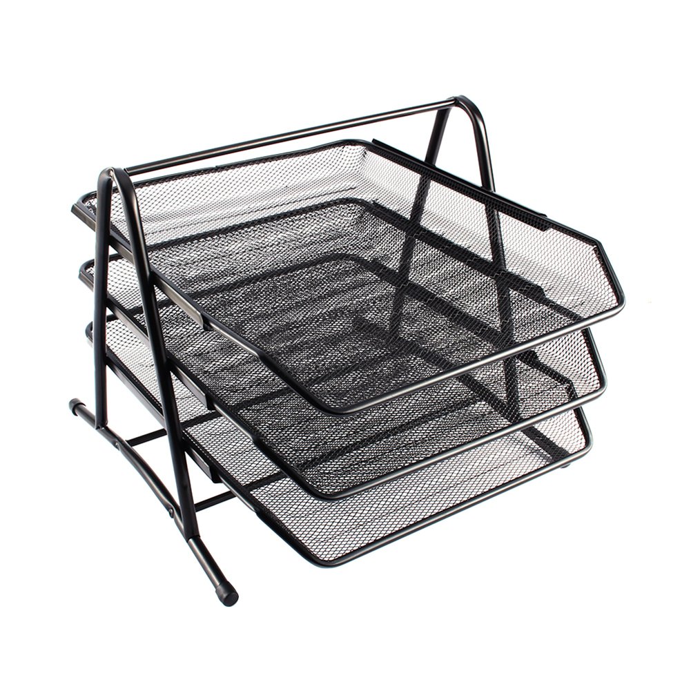 3 Tier A4 Mesh in Tray Office Desk Tidy File Holder Document Storage Letter Tray Mesh Letter Tray Letter Paper Organiser Tidy Document Paper Tray File Storage Metal Filling Collection, Black