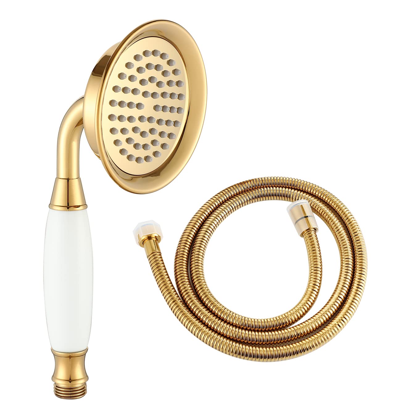 Wussh 3.85 Inch Classic Traditional Brass Telephone Hand Shower Head Polished Gold and Ceramic Handheld Showerheads with 1.5M Hose Set