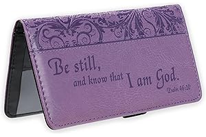 Christian Art Gifts Purple Faux Leather Checkbook Cover for Women with Inspirational Scripture - Be Still - Bi-fold Checkbook Cover for Duplicate Checks ID Credit Cards & Pen Loop Holder - Psalm 46:10