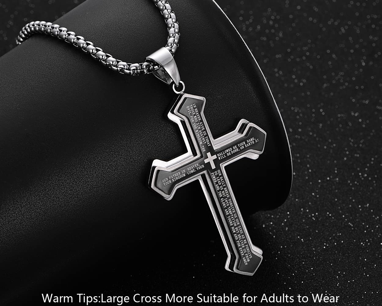 Rehoboth Men's Stainless Steel Nail Lord's Prayer Cross Pendant Necklace for Men Women Big Pendant and Strong Chain 24