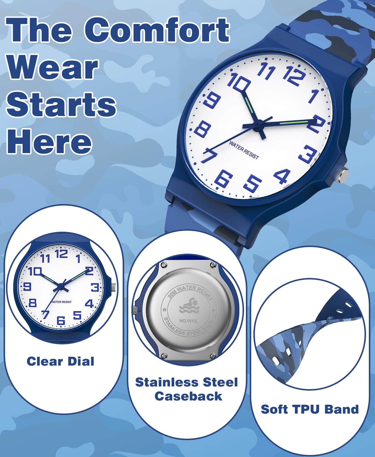 SOCICO Kids Analog Watch for Boys Girls Camouflage Sport Watches, 30M Waterproof, Rubber Band, Easy to Read for Child Teens Ages 5-15 Perfect for Gifts