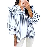 Cicy Bell Womens Striped Babydoll Tops Ruffle V Neck Puff Sleeve Blouses Loose Fit Cute Flowy Shirts