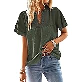 Falechay Womens Tops Butterfly Sleeve V Neck Blouses for Women Dressy Casual Flowy Swiss Dot Ruffle Short Sleeve Shirts