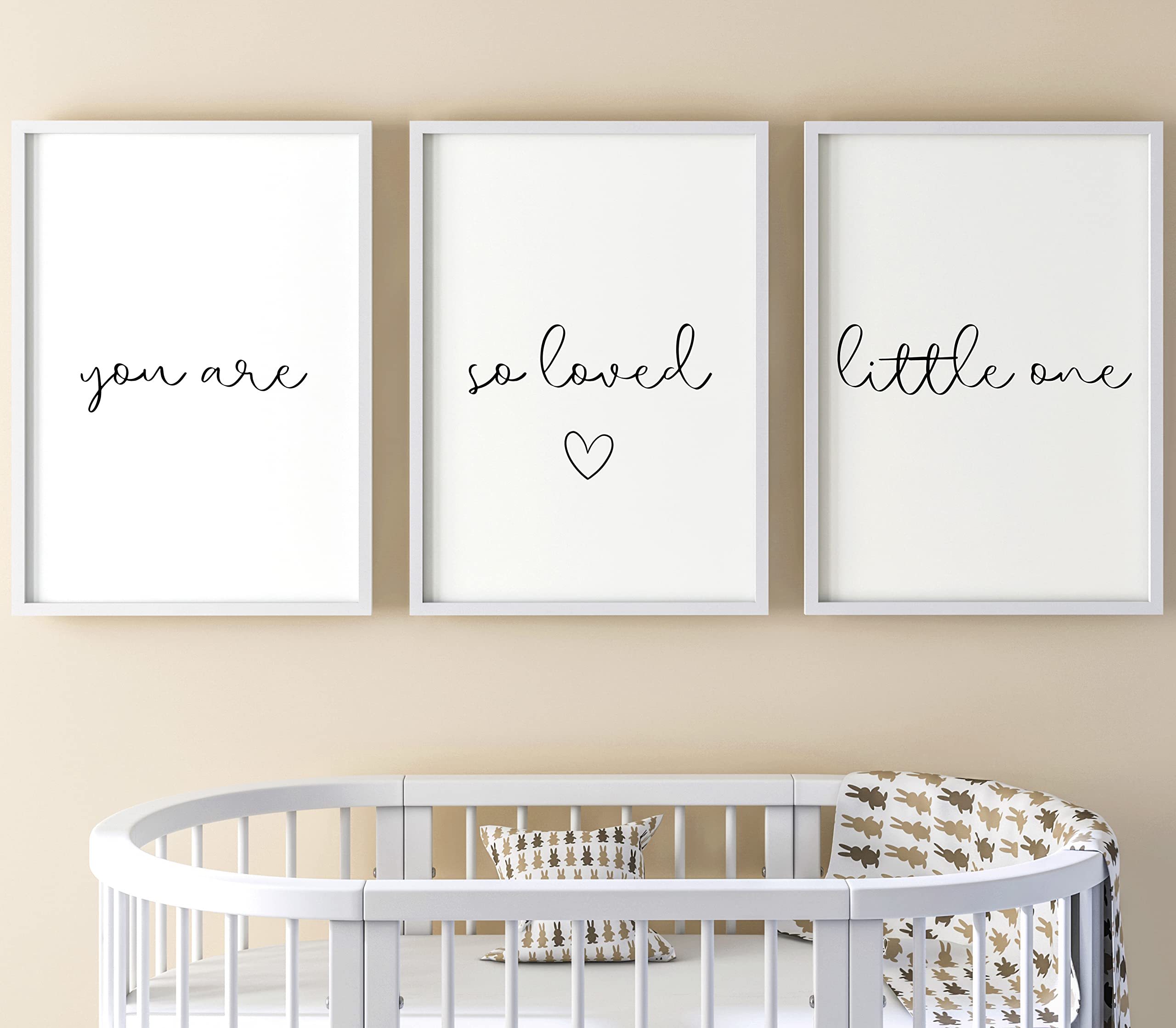 You Are So Loved Little One Quote Set of 3 Unframed Nursery Prints, Girl Boy Bedroom Wall Art Decor, Gift Present in Black White, Love Heart (A4)