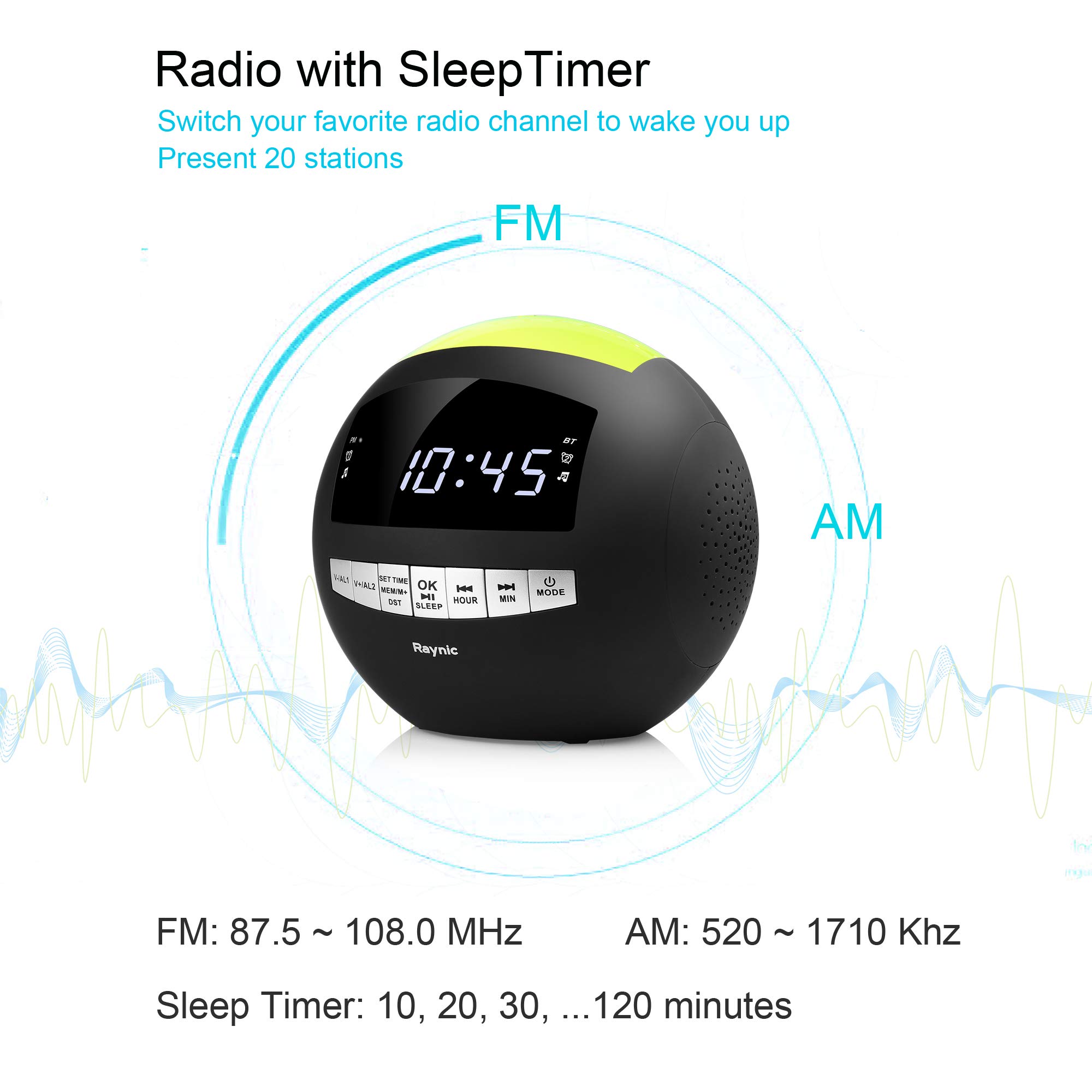 Digital LED Alarm Clock Radio - Raynic AM/FM Radio, 7-Color Night Light with Dimmer, Dual Loud Alarms with Snooze, Bluetooth Speaker, for Kids, Heavy Sleeper, Bedrooms