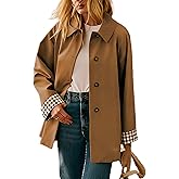 Dqbeng Womens Trench Coat Oversized Button Up Jacket Plaid Lined Classic Outerwear with Pockets